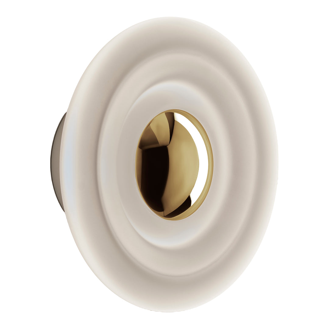 Creamy white circular knob with glossy golden center, featuring a smooth, layered pattern for a modern aesthetic.