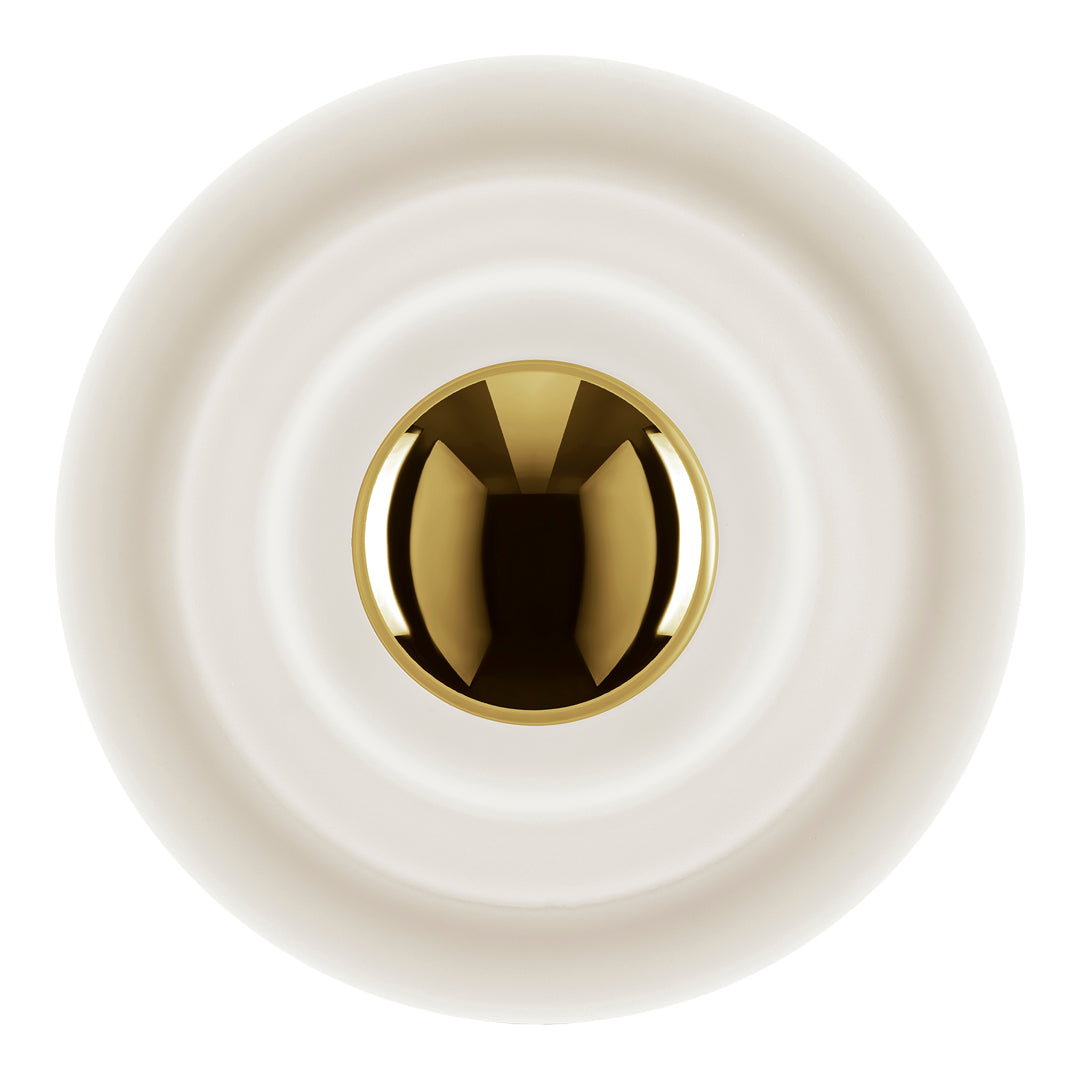 Elegant white circular design with glossy gold center, featuring subtle concentric patterns for a modern aesthetic.