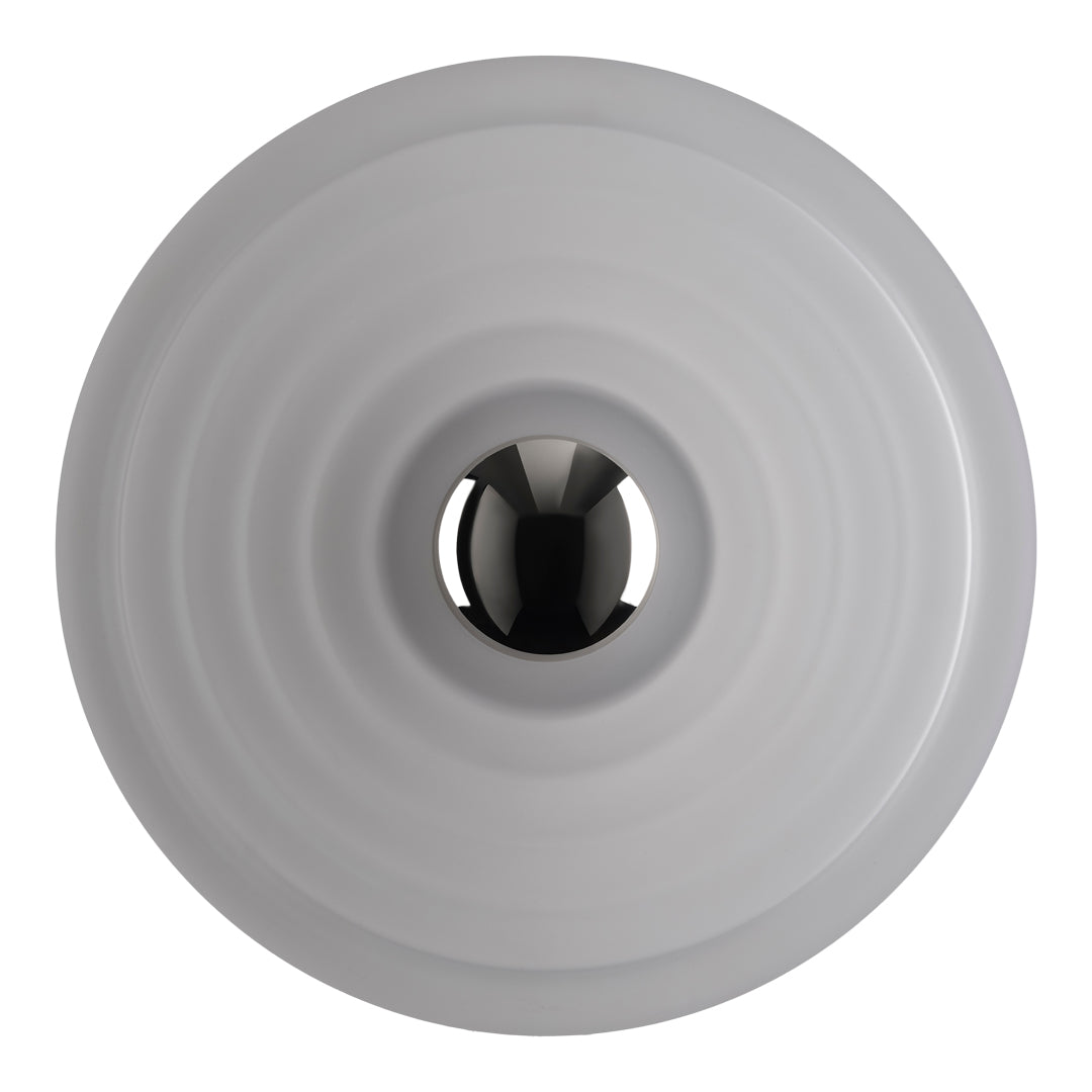 Gray circular lamp shade with smooth concentric ridges and a polished black center, adding modern elegance to any space.