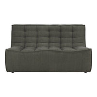 Gray tufted loveseat with a sleek, modern pattern and smooth, textured fabric detailing. Ideal for contemporary decor.