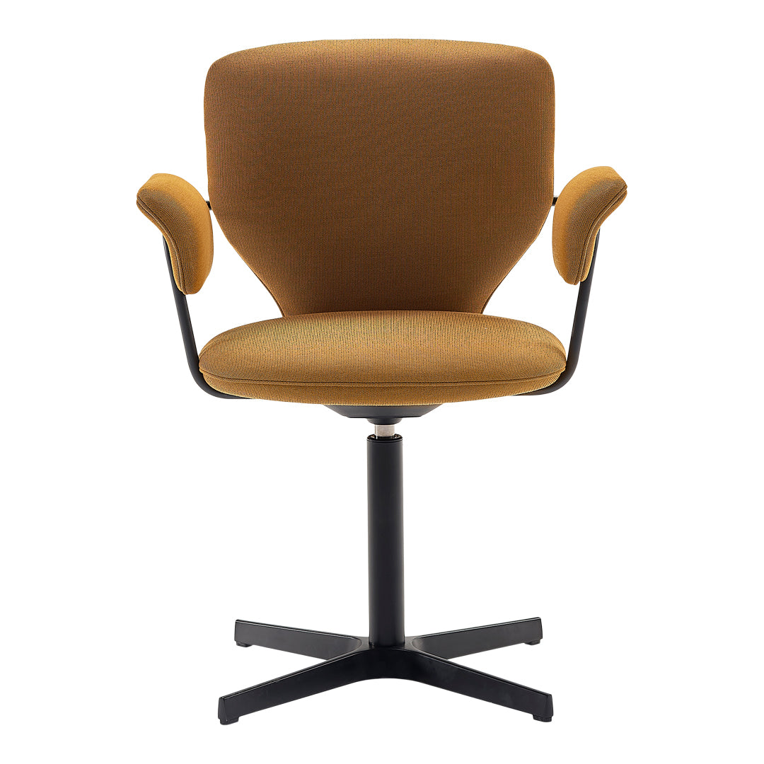Stylish adjustable chair in warm mustard fabric with subtle texture, paired with a sleek black base.