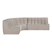 Beige tufted sectional sofa with a modern design and smooth fabric, featuring a subtle, sleek pattern.