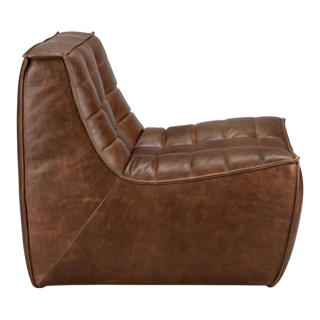Brown leather lounge chair with a tufted pattern and smooth texture, perfect for modern interiors.