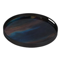 Round black tray with a swirling iridescent pattern in blues, purples, and hints of gold.