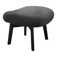 Gray upholstered ottoman with a rounded shape and dark wooden legs, perfect for modern decor.