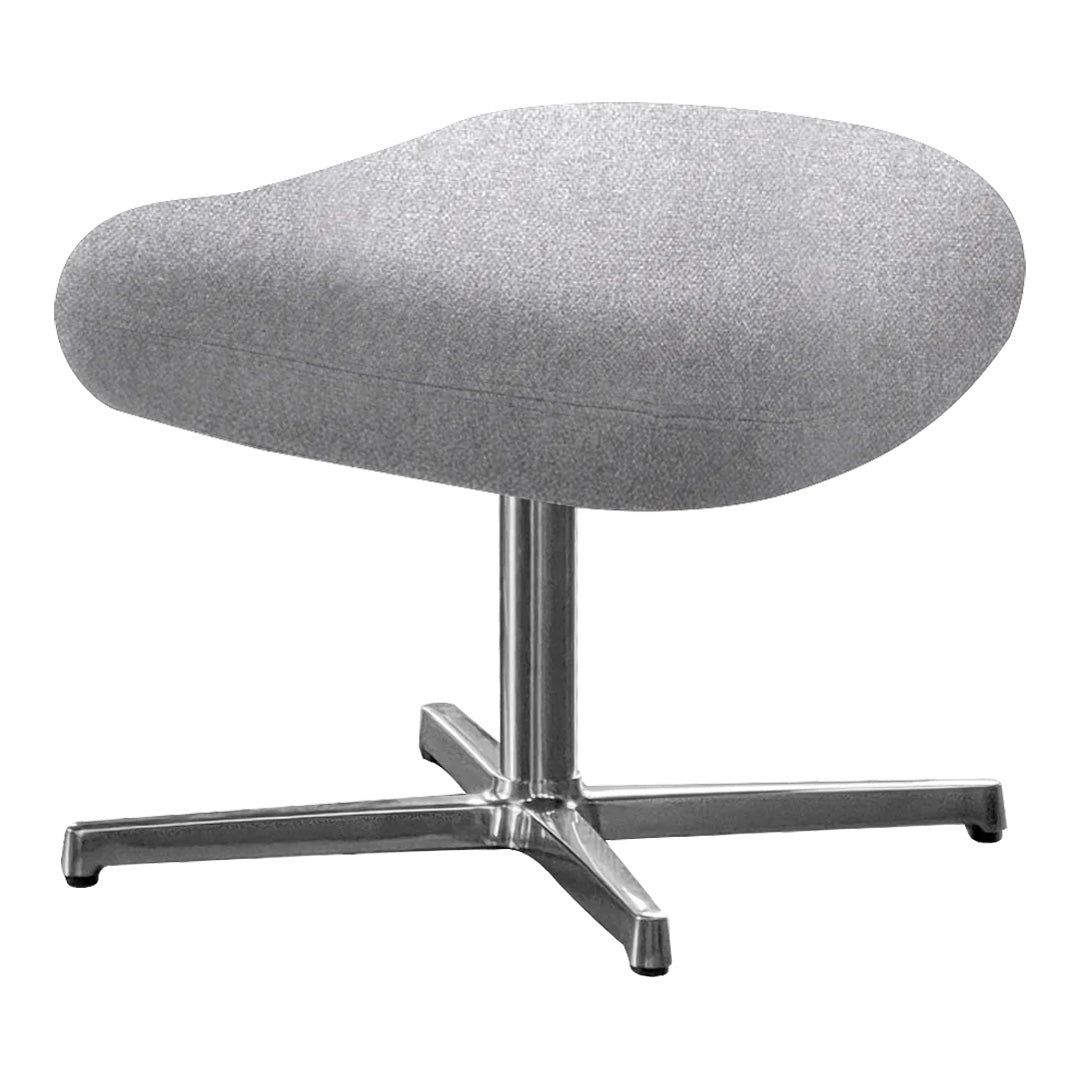 Stylish gray upholstered ottoman with a smooth fabric surface and a sleek silver metal base.