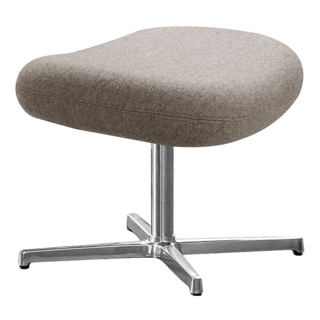 Gray upholstered ottoman with a smooth texture and a sleek chrome base. Modern design for versatile decor.