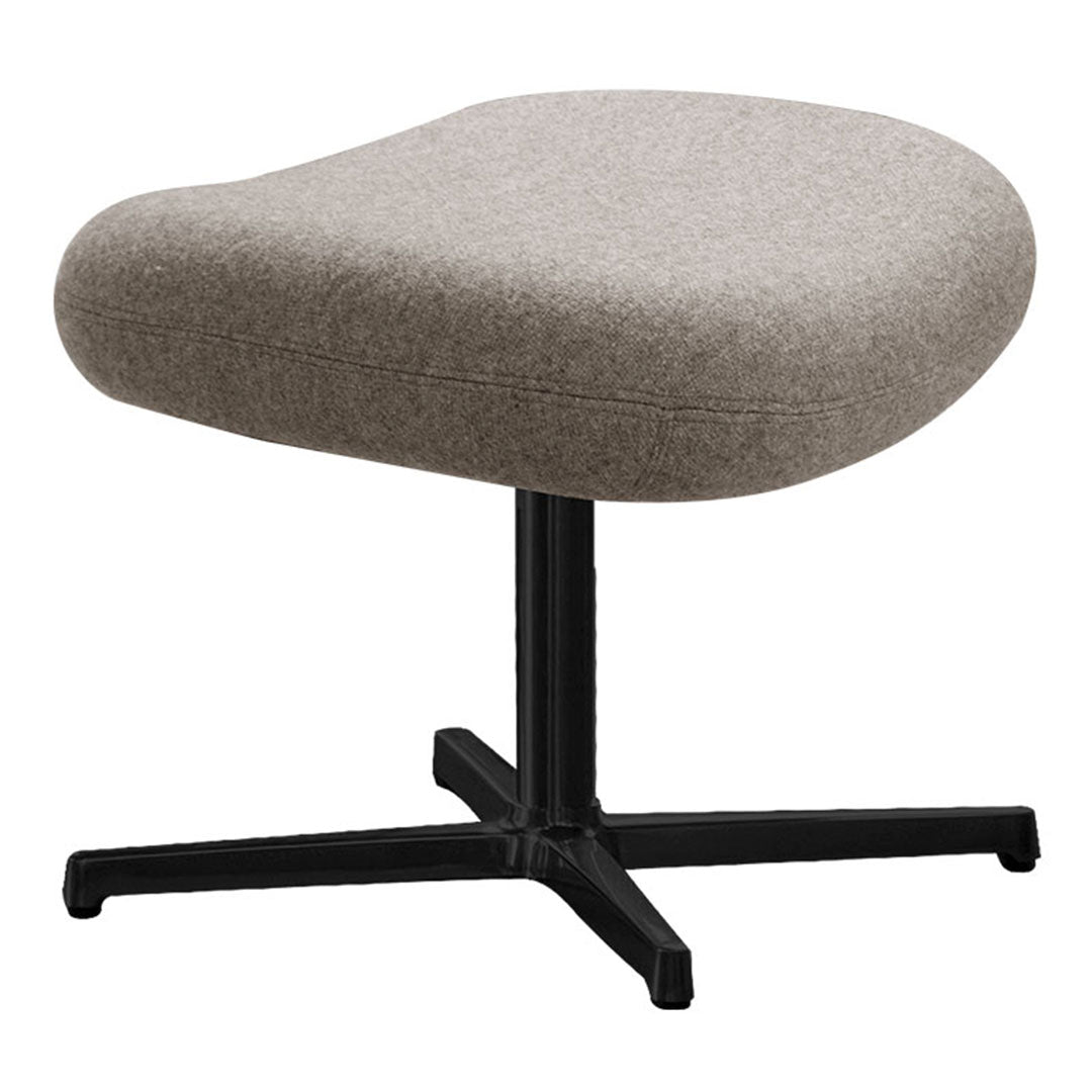 Gray upholstered stool with a smooth, rounded shape and a sturdy black metal base. Perfect for modern decor.