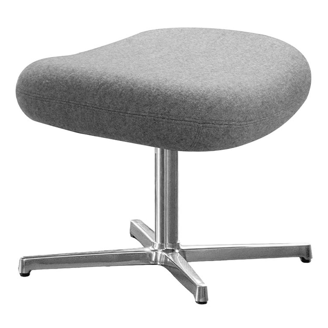 Gray upholstered stool with a smooth, rounded design and a polished metal base. Perfect for modern decor.