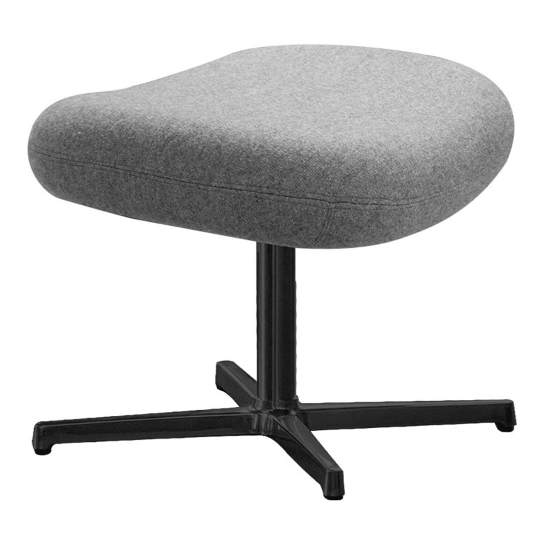 Stylish gray upholstered stool with a sleek black metal base, featuring a smooth, minimalist design.