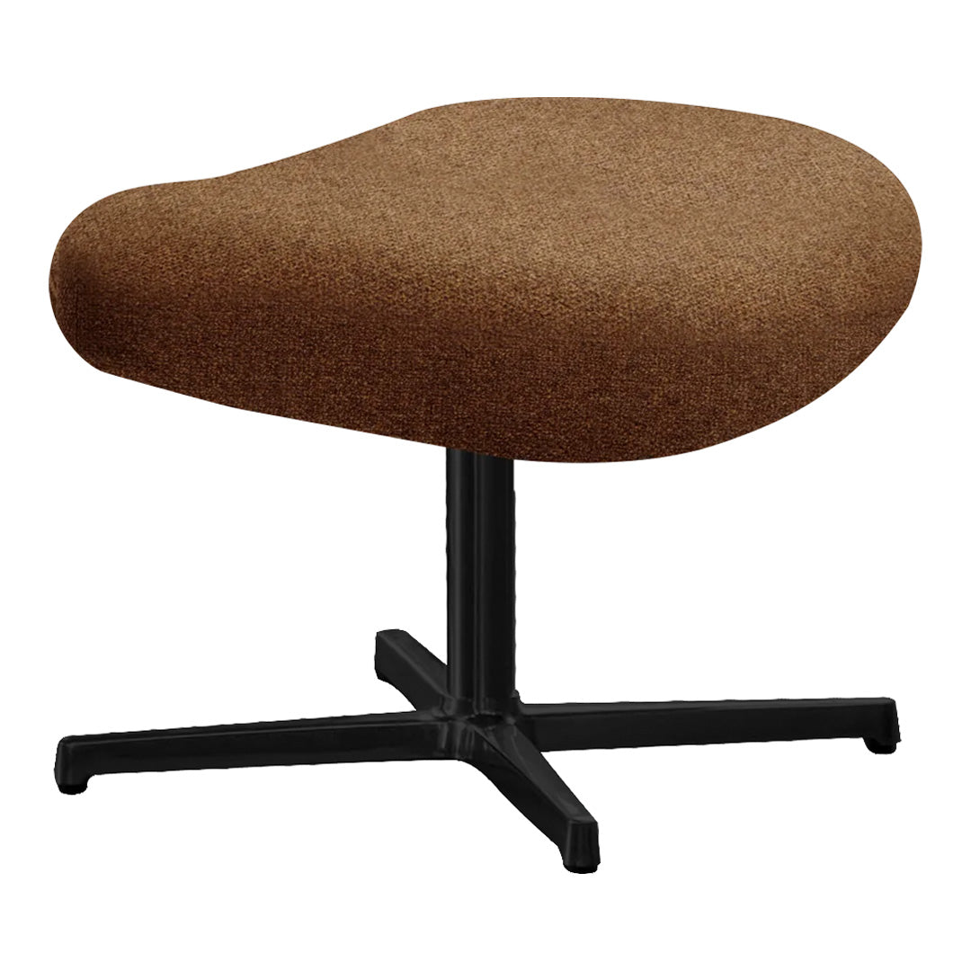 Brown upholstered stool with a smooth, rounded shape and a sleek black metal base. Ideal for modern decor.