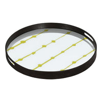 Round tray with a black rim and a white base featuring a yellow geometric pattern with elongated shapes.