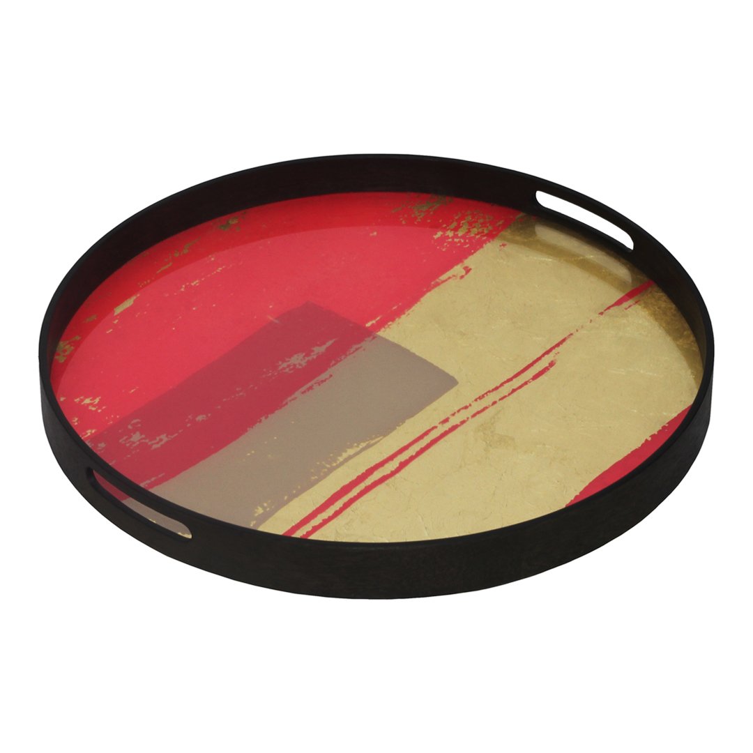 Round tray with vibrant red and gold abstract patterns on a sleek black background. Perfect for stylish decor.
