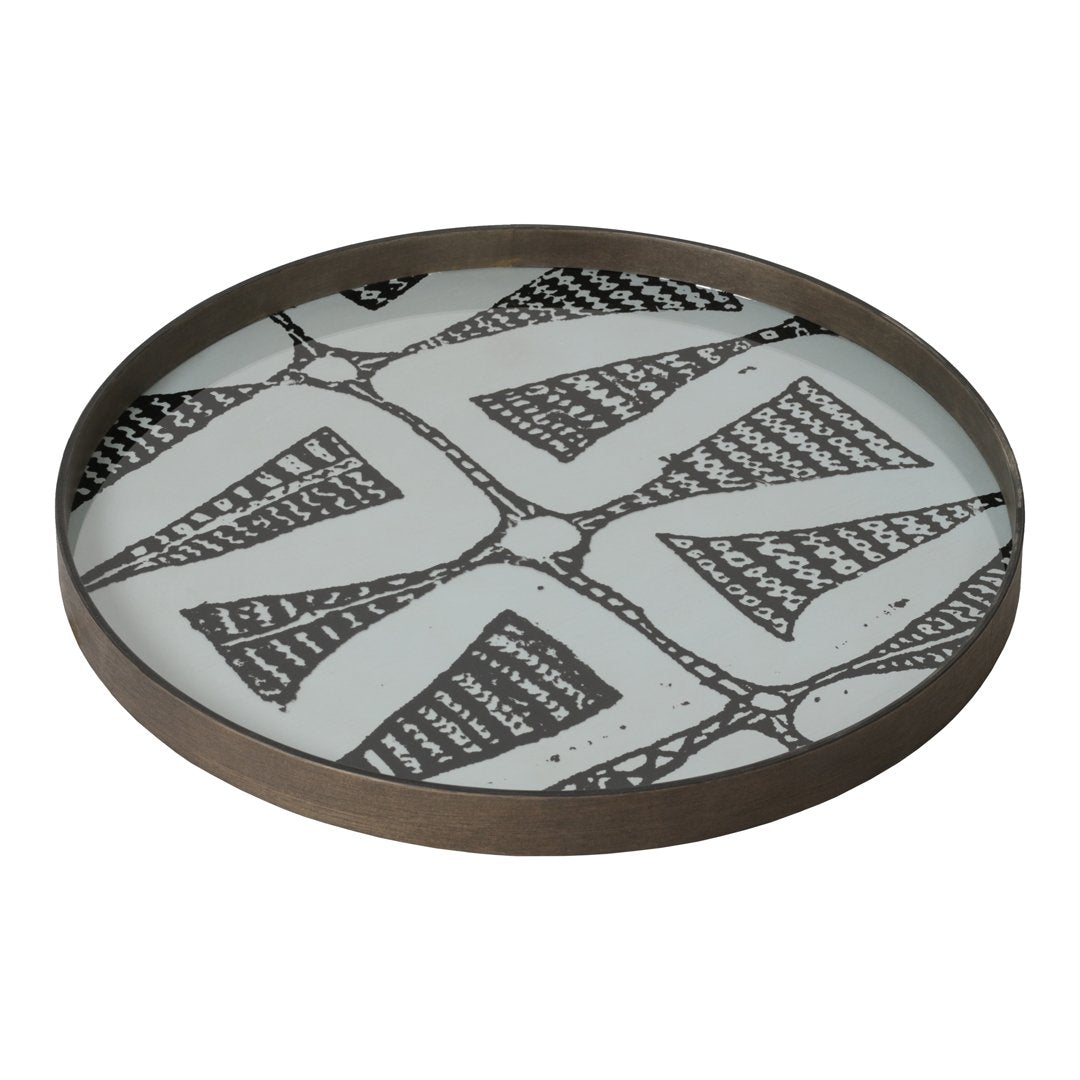 Round tray featuring a light blue background with bold black geometric patterns. Stylish and contemporary design.