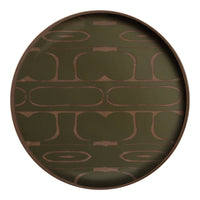 Round tray featuring an olive green background with a geometric brown pattern. Ideal for stylish home décor.