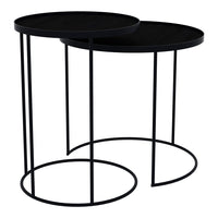 Black round nesting tables with sleek metal frames, featuring a minimalist design and clean lines. Perfect for modern spaces.