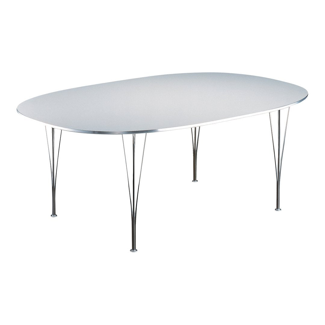 Sleek oval table with a smooth silver top and minimalist metal legs in a modern design. Ideal for contemporary settings.