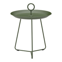 Green metal side table with a round top and three-legged stand, featuring a minimalist design.