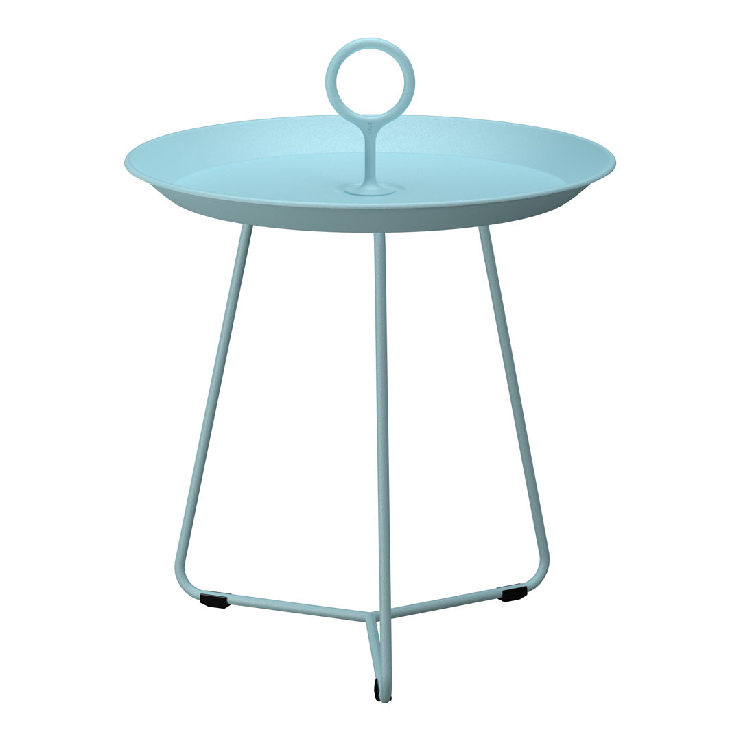 Light blue metal side table with a round top and unique ring handle design. Simple, modern style.