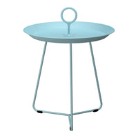 Light blue metal side table with a round top and unique ring handle design. Simple, modern style.