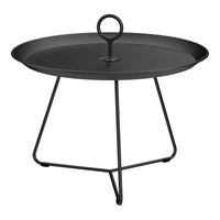 Black round tray table with minimalist design and a sleek metal finish. Modern style for any decor.