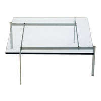 Modern clear glass coffee table with sleek silver metal frame and minimalist design. Perfect for contemporary decor.
