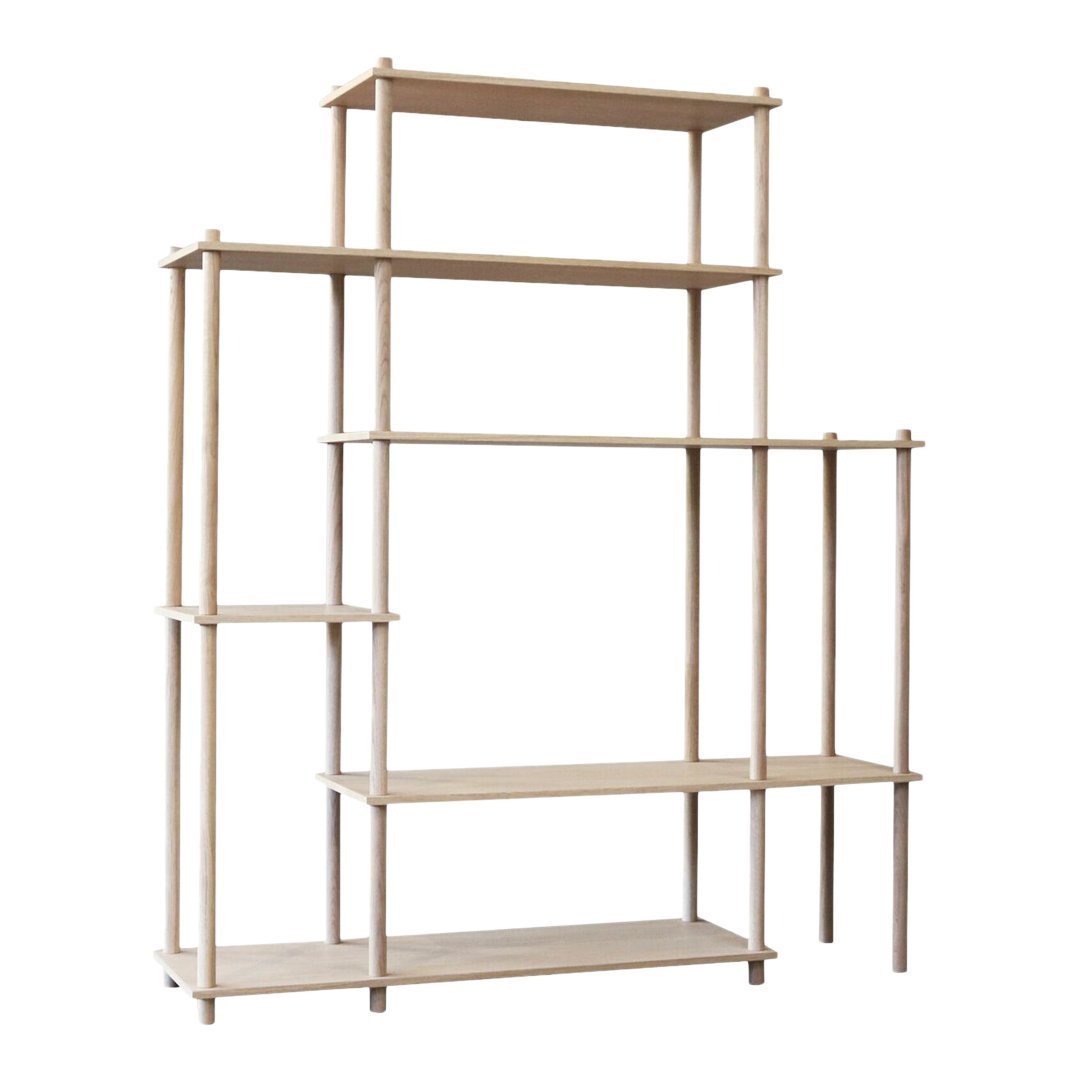 Light wood bookshelf with a minimalist design featuring natural finishes and open shelving for a modern look.