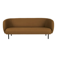 Brown, upholstered sofa with sleek, minimalist design and black metal legs. Soft, rounded edges.