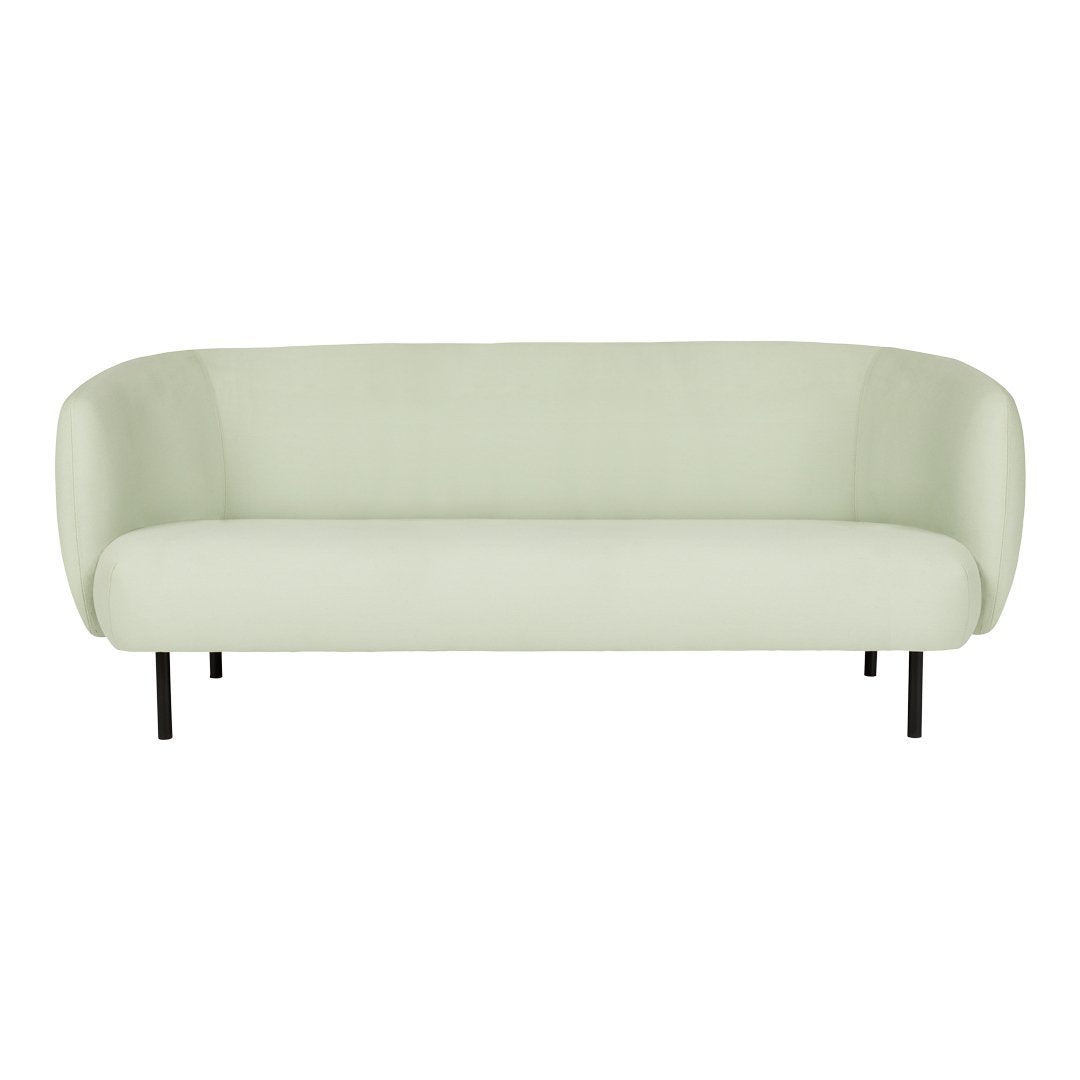 Light mint green sofa with smooth, curved lines and black metal legs, perfect for modern decor.