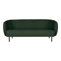 Green upholstered sofa with smooth texture and rounded edges, featuring black metal legs. Perfect for modern decor.