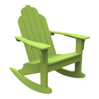 Bright green rocking chair with a classic slatted design, perfect for outdoor relaxation.