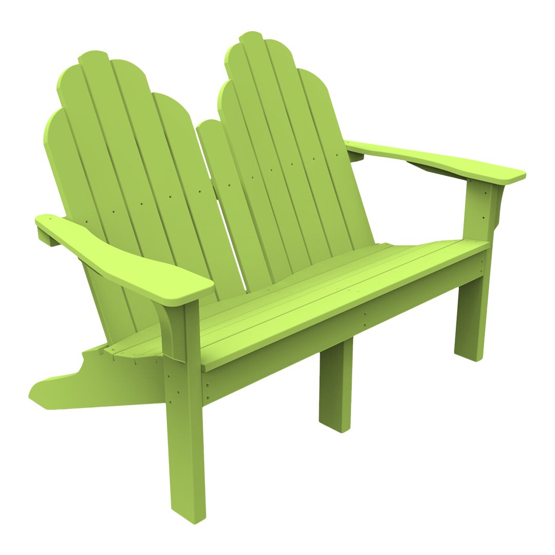Bright lime green Adirondack loveseat with a scalloped back and smooth finish, perfect for outdoor relaxation.