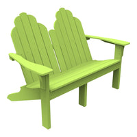 Bright lime green Adirondack loveseat with a scalloped back and smooth finish, perfect for outdoor relaxation.