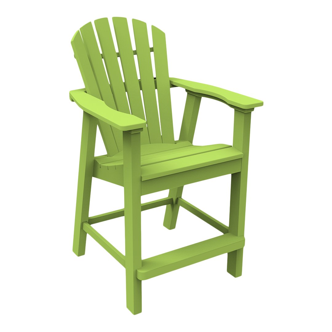 Bright green adirondack chair with a slatted back and armrests, perfect for outdoor relaxation.