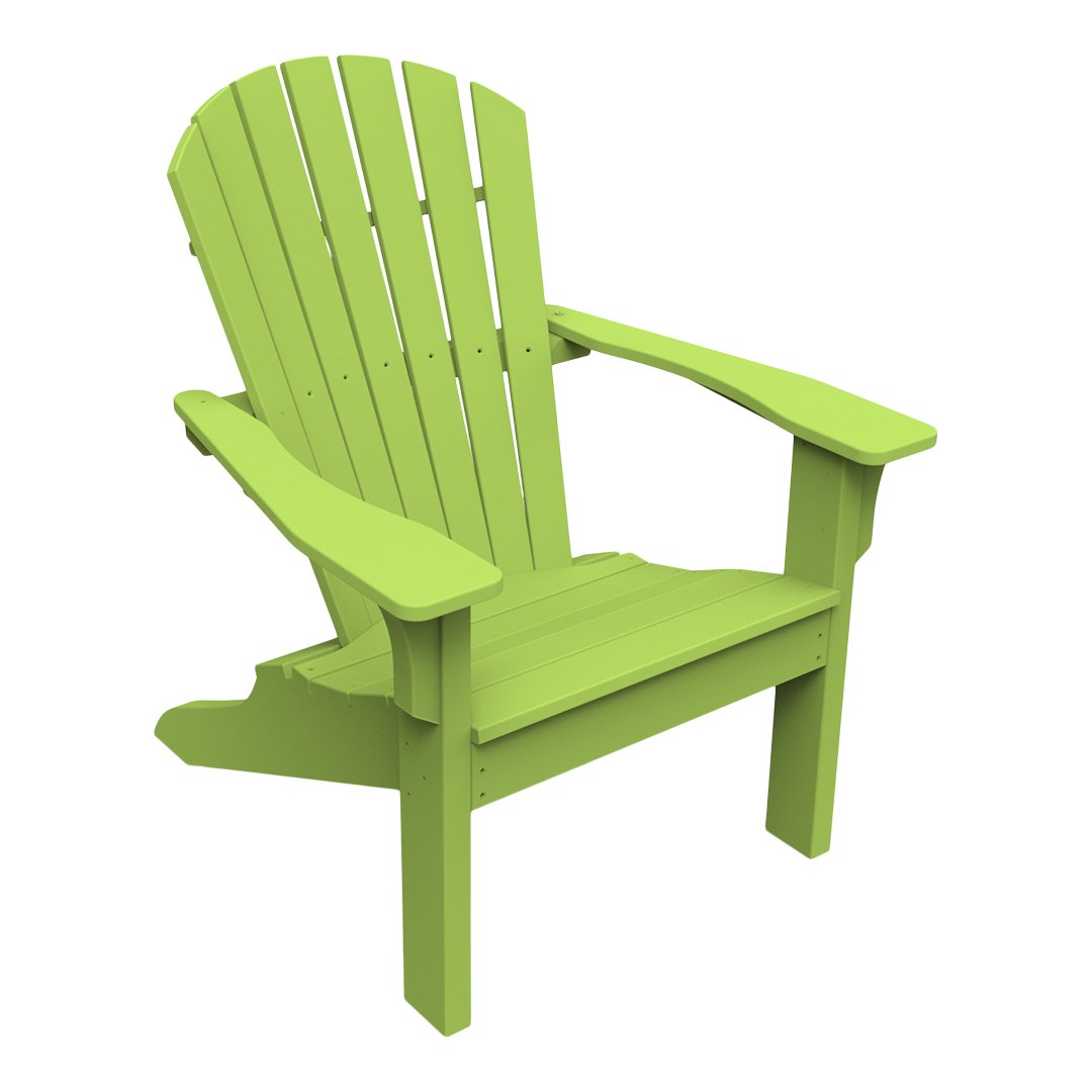Bright green Adirondack chair with a slatted design, perfect for outdoor relaxation. Modern, vibrant color accentuates any space.