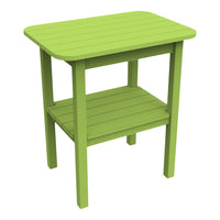 Bright green slatted outdoor side table with a contemporary design and spacious lower shelf. Perfect for patios.