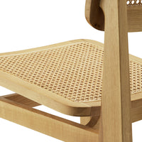 Natural wood chair with a light beige woven rattan seat, featuring a smooth finish and subtle texture.