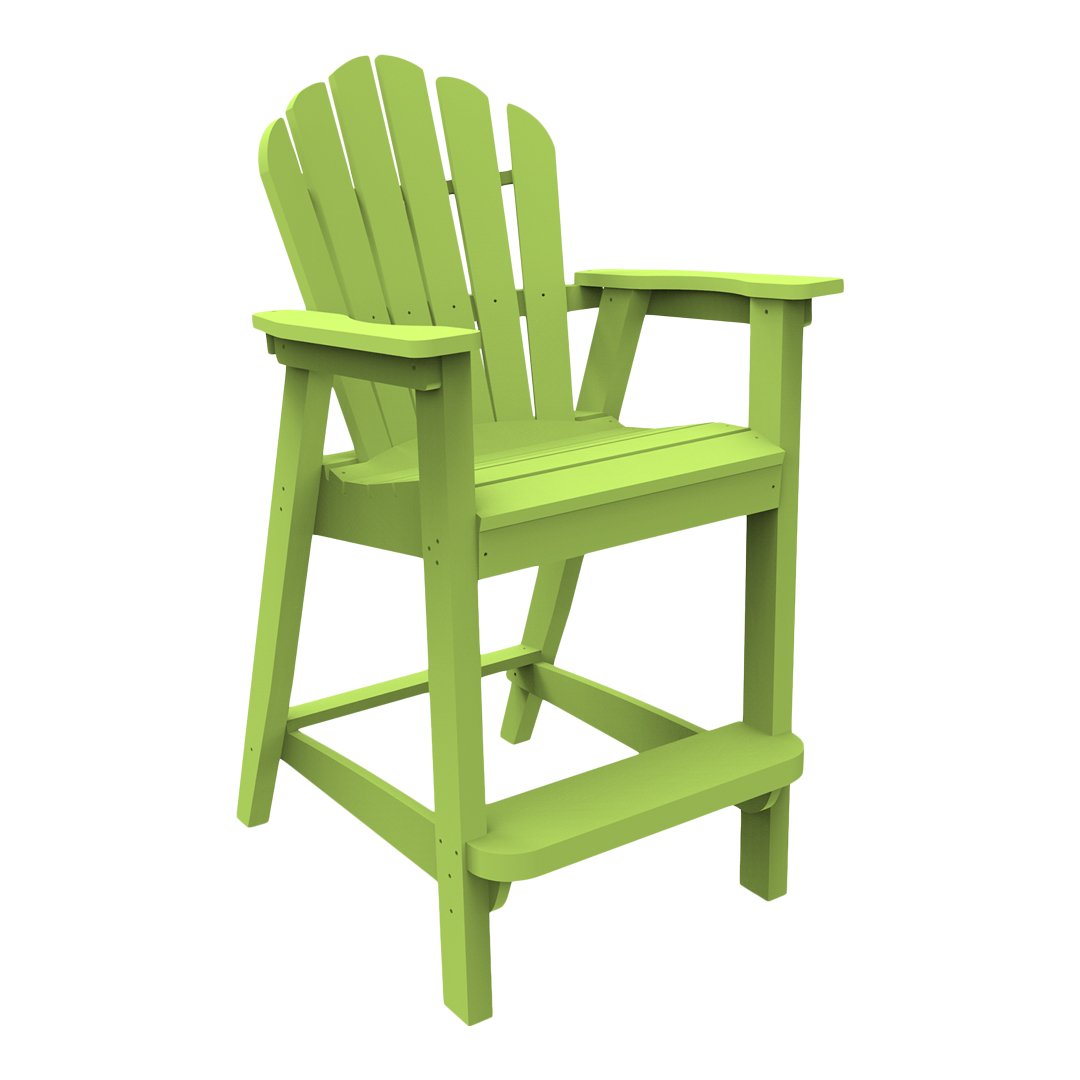 Bright lime green Adirondack chair with a classic slatted back and sturdy armrests for outdoor comfort.