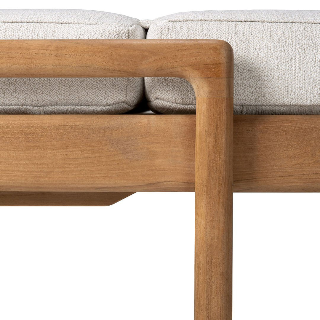 Natural wood tones with a textured soft gray cushion, featuring clean lines and minimalist design.