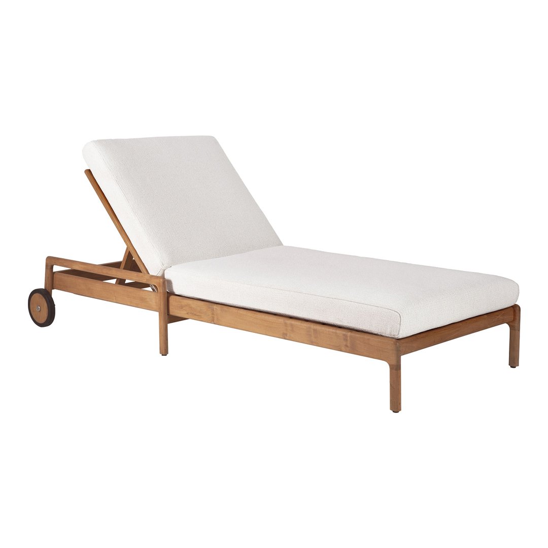White cushioned lounge chair with a natural wood frame, featuring clean lines and a minimalist design.