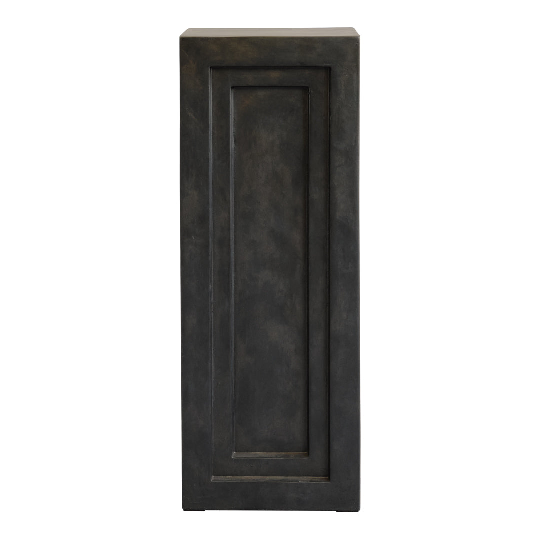Sleek black cabinet with a textured finish and minimalist design, featuring subtle geometric patterns.