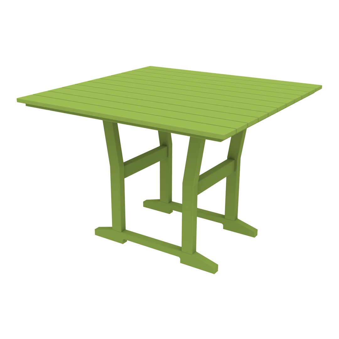 Square patio table in vibrant green with a slatted top design and sturdy cross-legged support. Ideal for outdoor settings.