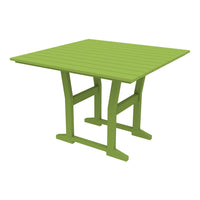 Square patio table in vibrant green with a slatted top design and sturdy cross-legged support. Ideal for outdoor settings.