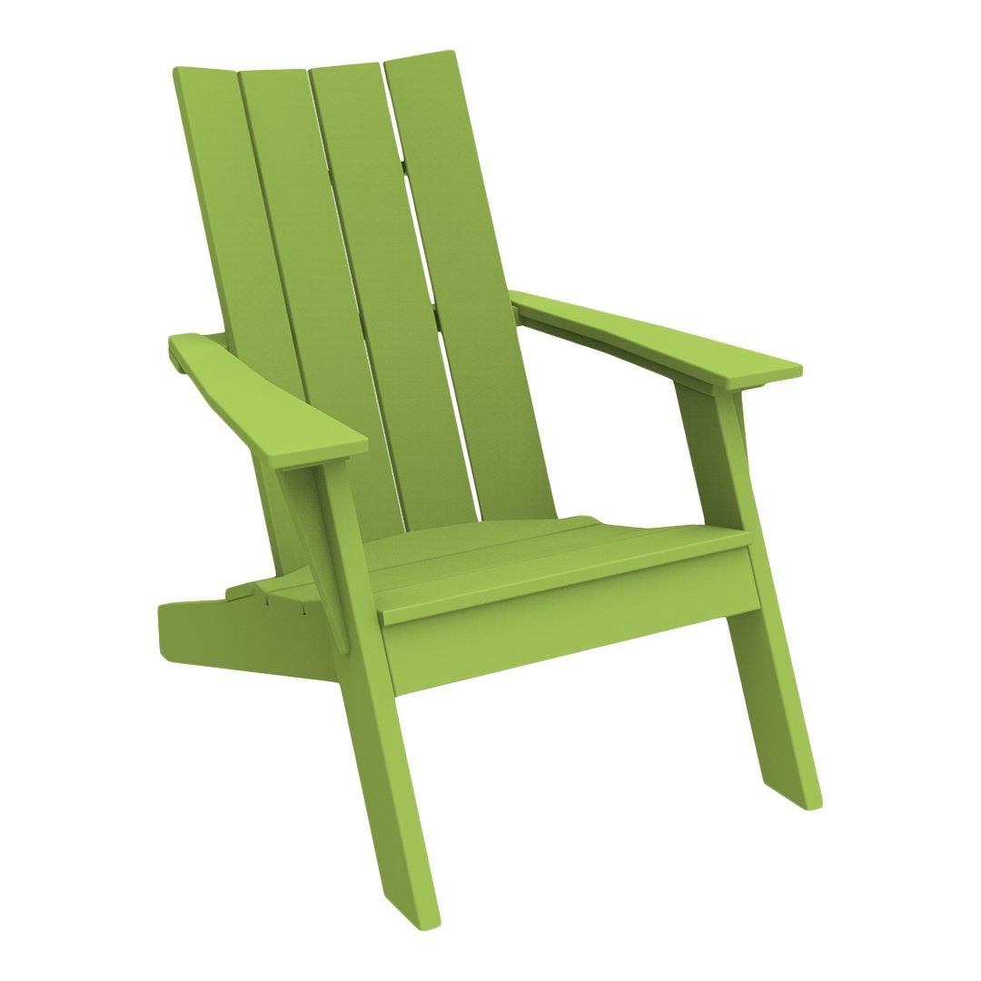 Bright green, slatted Adirondack chair, ideal for outdoor relaxation and vibrant garden aesthetics.