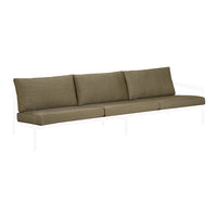 Olive green outdoor sofa with modern design and clean lines, featuring neutral cushions on a white frame.