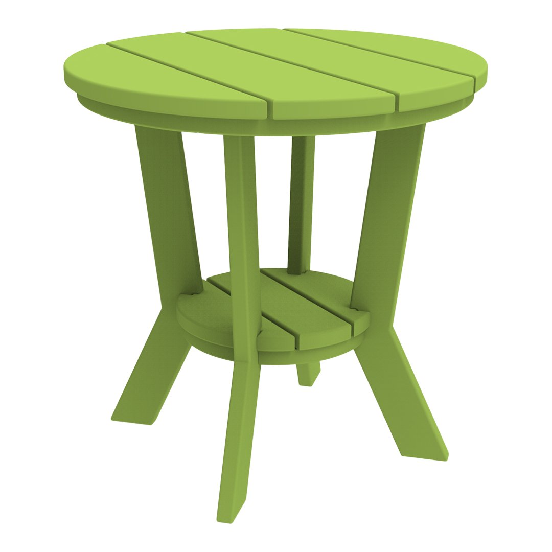 Bright green round side table with slatted top and sturdy legs, perfect for outdoor or indoor decor.