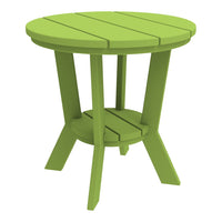 Bright green round side table with slatted top and sturdy legs, perfect for outdoor or indoor decor.