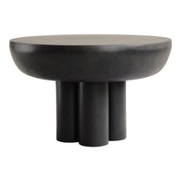 Round black side table with a smooth matte finish and cylindrical legs, featuring modern minimalist design.