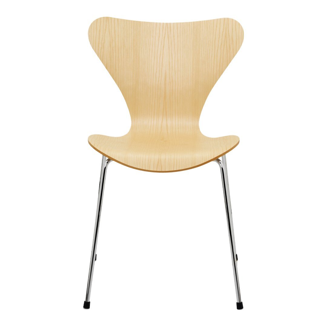 Natural wood chair with a light maple finish and smooth, modern lines. Chrome legs add a contemporary touch.