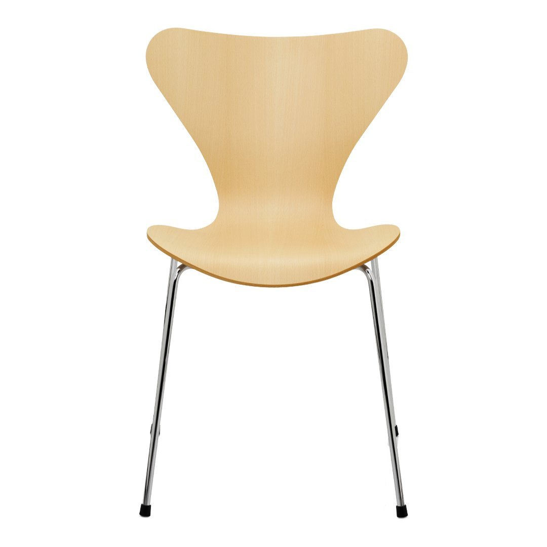 Natural wood finish chair with a sleek, modern design and chrome legs, featuring smooth, curved lines.